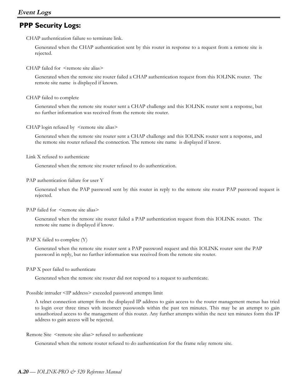 Ppp security logs, Event logs | Perle Systems IOLINK-PRO IOLINK-520 User Manual | Page 63 / 80