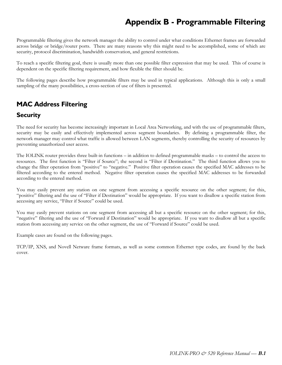Appendix b - programmable filtering, Mac address filtering, Security | Perle Systems IOLINK-PRO IOLINK-520 User Manual | Page 64 / 80