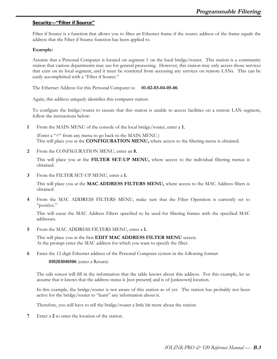 Security—“filter if source, Programmable filtering | Perle Systems IOLINK-PRO IOLINK-520 User Manual | Page 66 / 80