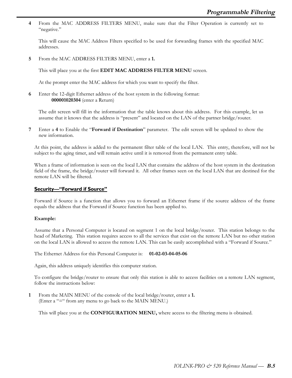 Security—“forward if source, Programmable filtering | Perle Systems IOLINK-PRO IOLINK-520 User Manual | Page 68 / 80