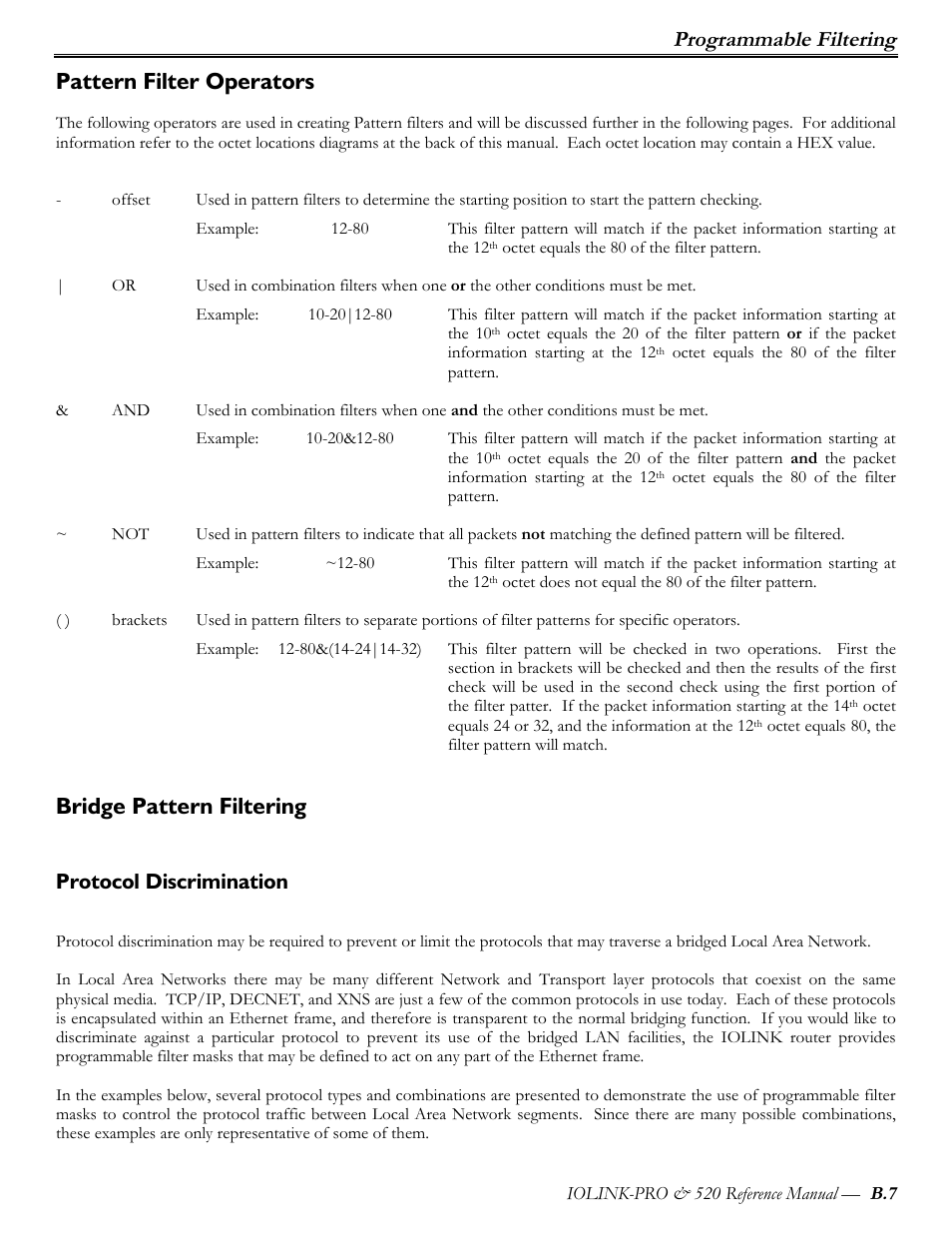 Pattern filter operators, Bridge pattern filtering, Protocol discrimination | Programmable filtering | Perle Systems IOLINK-PRO IOLINK-520 User Manual | Page 70 / 80