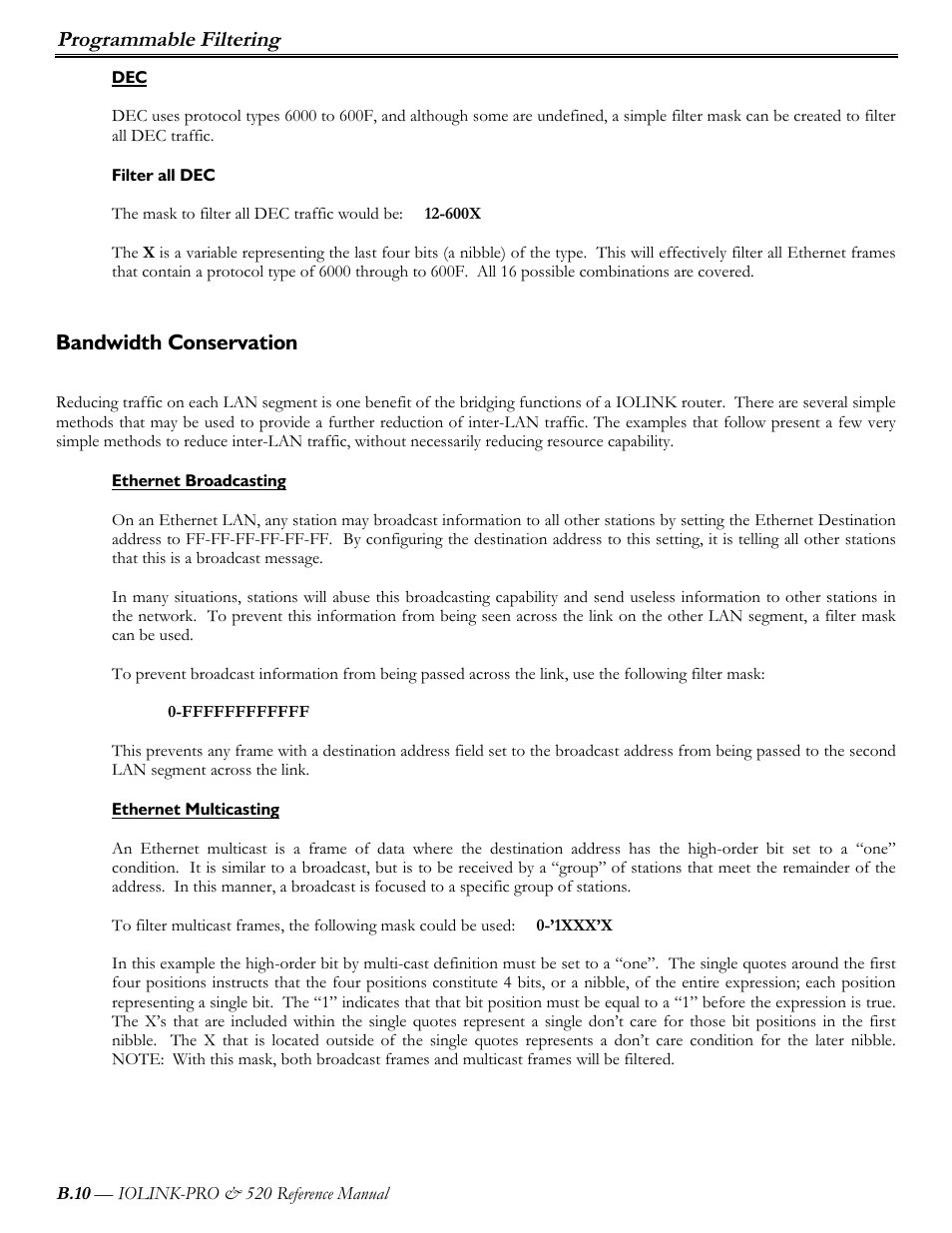 Filter all dec, Bandwidth conservation, Ethernet broadcasting | Ethernet multicasting, Programmable filtering | Perle Systems IOLINK-PRO IOLINK-520 User Manual | Page 73 / 80