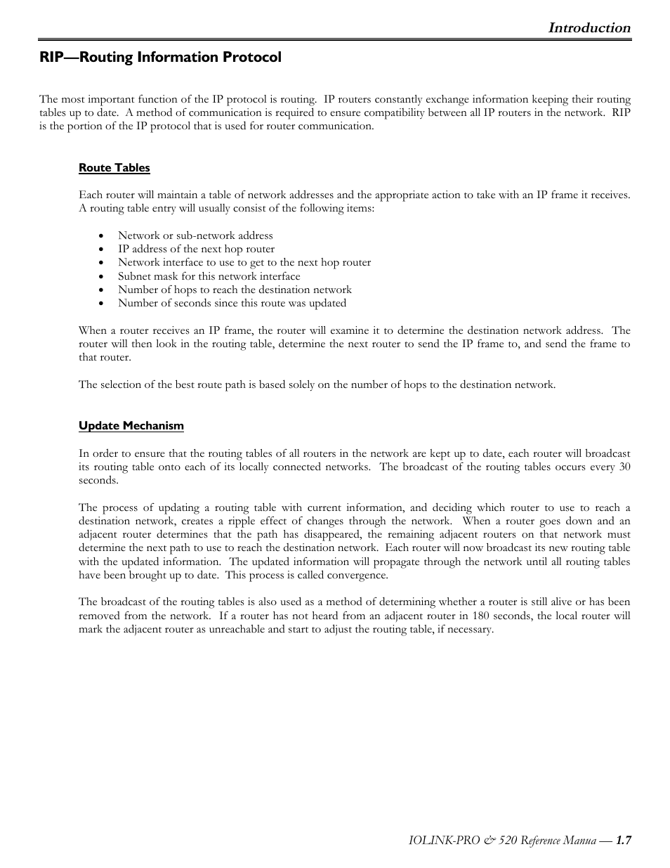 Rip—routing information protocol, Route tables, Update mechanism | Introduction | Perle Systems IOLINK-PRO IOLINK-520 User Manual | Page 8 / 80