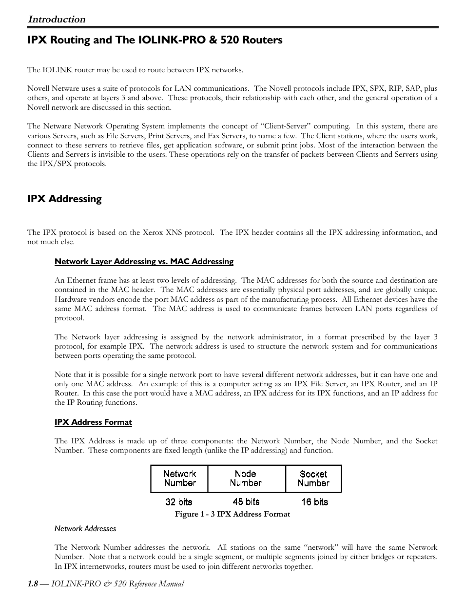 Ipx routing and the iolink-pro & 520 routers, Ipx addressing, Network layer addressing vs. mac addressing | Ipx address format, Network addresses, Introduction | Perle Systems IOLINK-PRO IOLINK-520 User Manual | Page 9 / 80