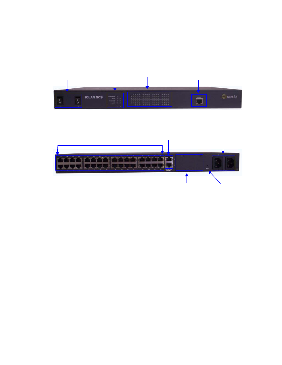 Rack mount, Console port/led view serial/ethernet view | Perle Systems 5500161-40 User Manual | Page 38 / 424