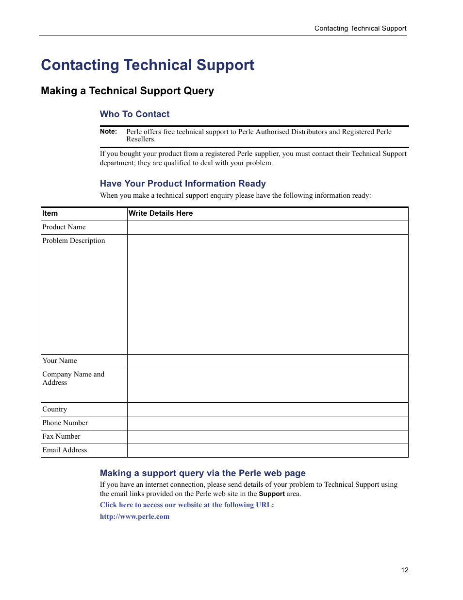 Contacting technical support, Making a technical support query | Perle Systems 5500208-43 User Manual | Page 11 / 89