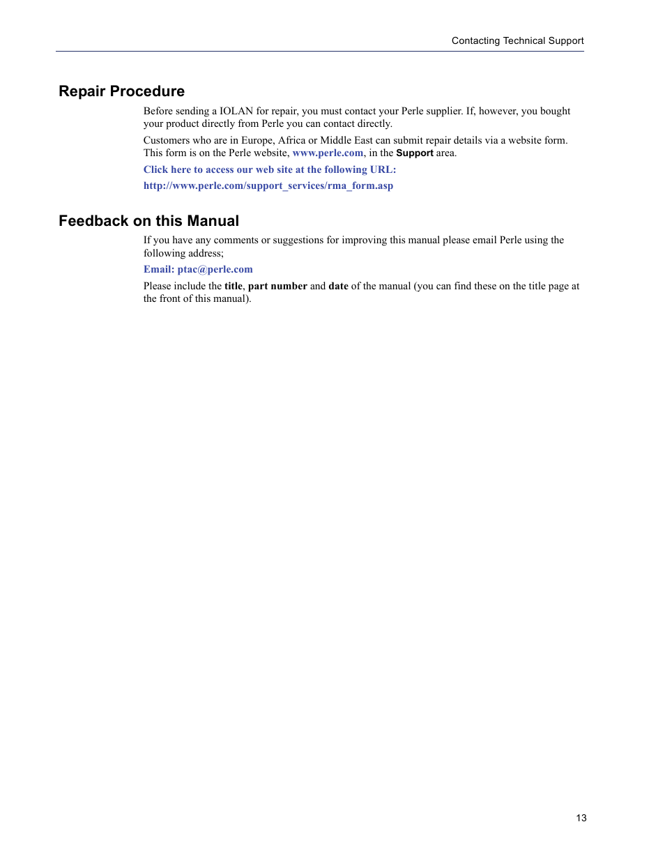 Repair procedure, Feedback on this manual | Perle Systems 5500208-43 User Manual | Page 12 / 89