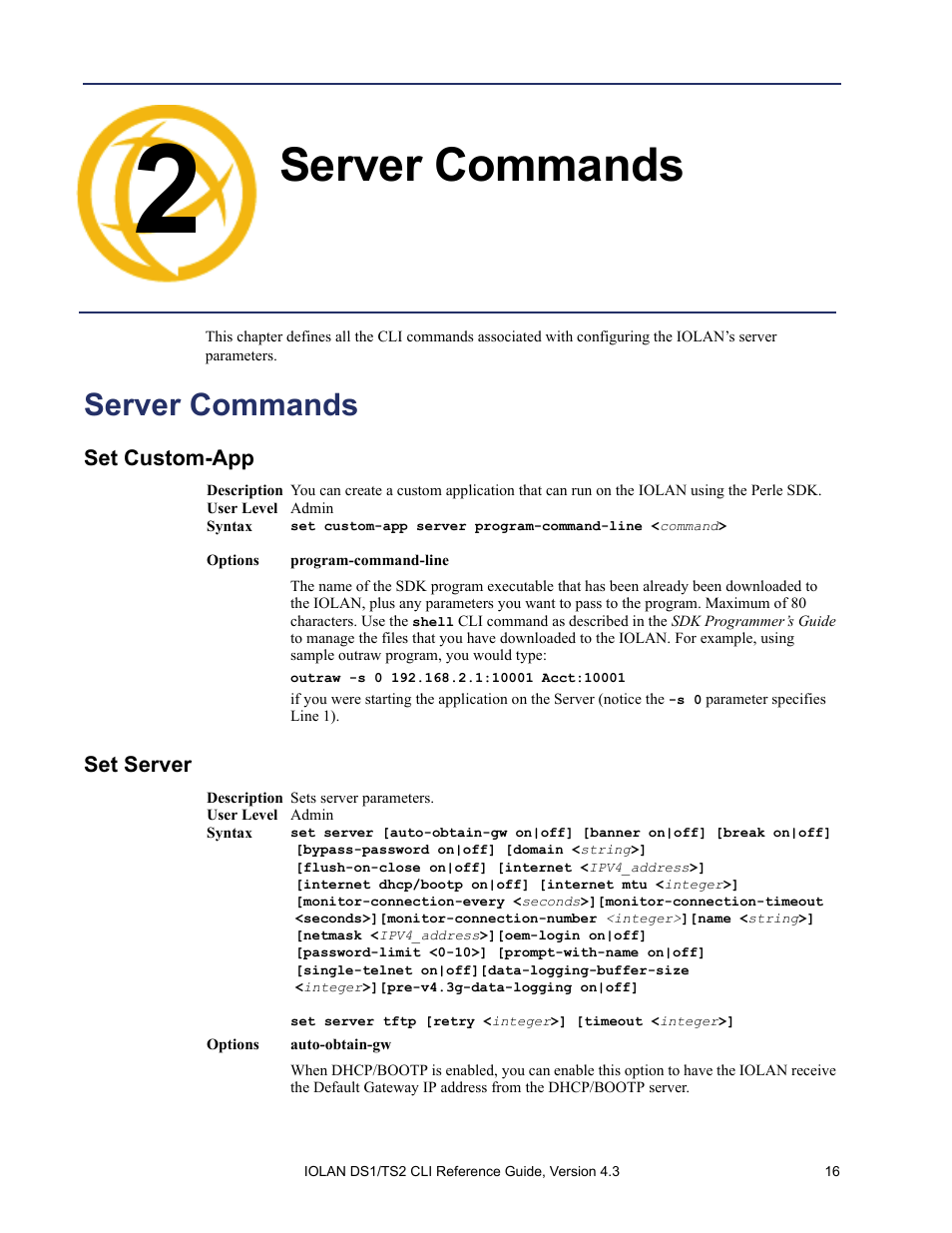 Server commands, Set custom-app, Set server | Chapter 2 server commands | Perle Systems 5500208-43 User Manual | Page 15 / 89