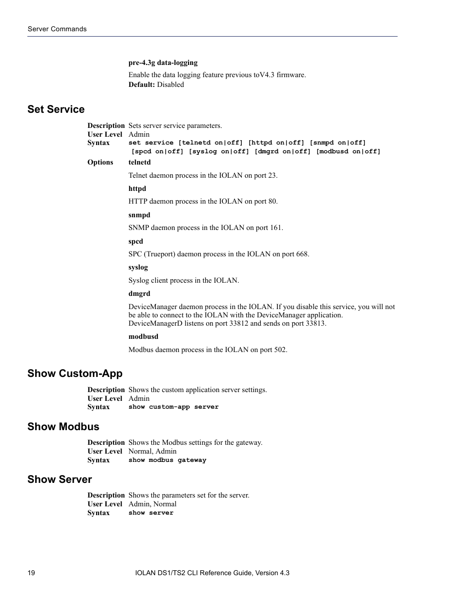 Set service, Show custom-app, Show modbus | Show server | Perle Systems 5500208-43 User Manual | Page 18 / 89