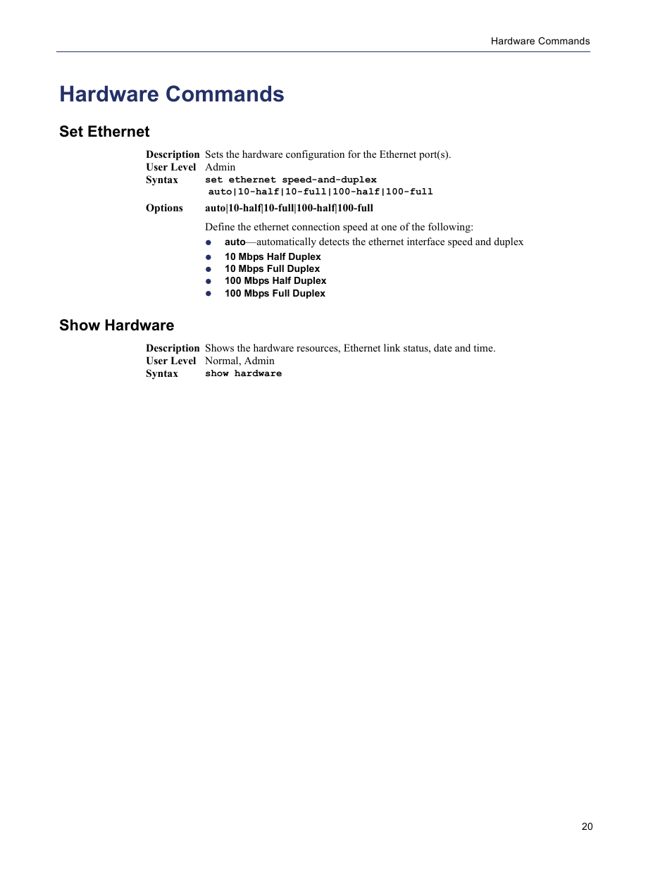 Hardware commands, Set ethernet, Show hardware | Perle Systems 5500208-43 User Manual | Page 19 / 89