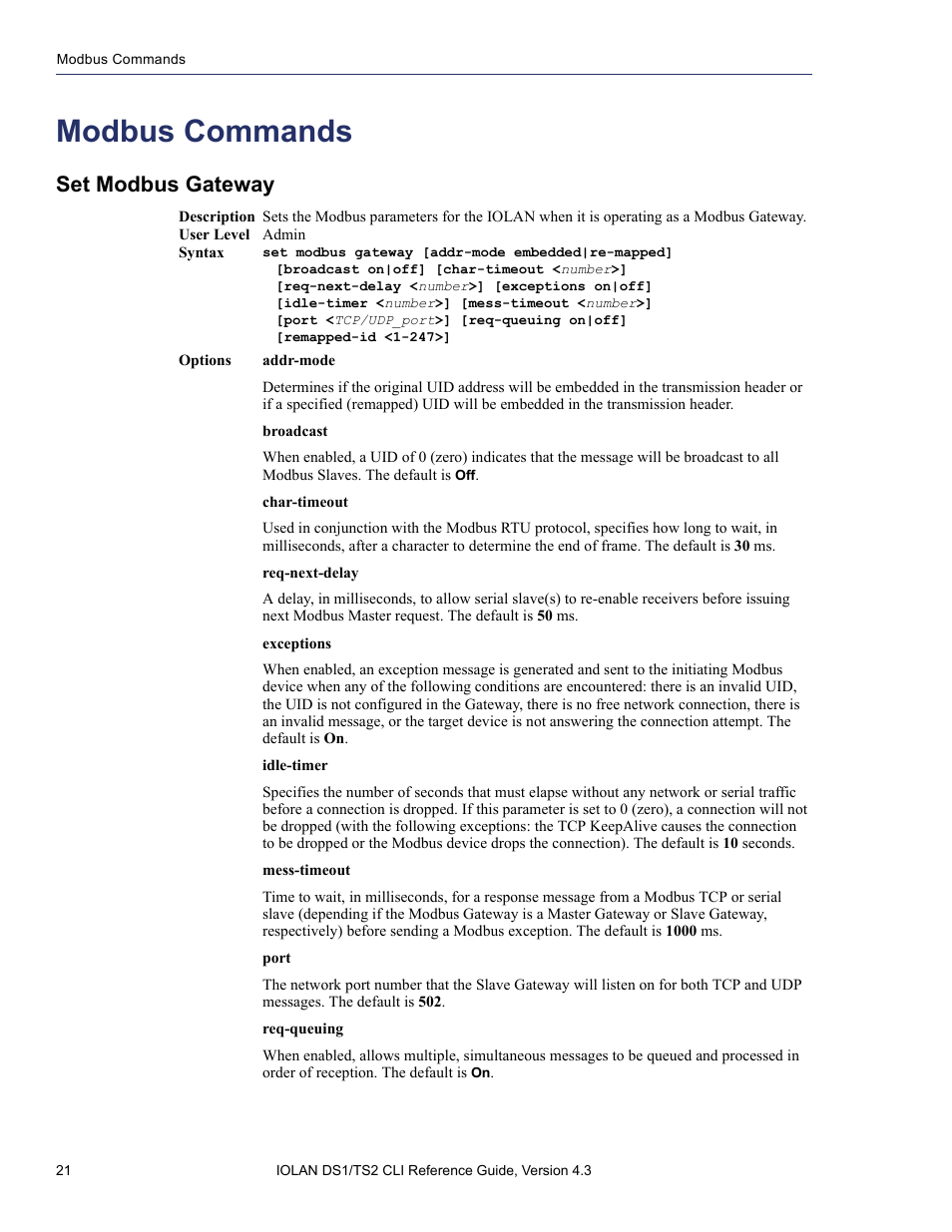 Modbus commands, Set modbus gateway | Perle Systems 5500208-43 User Manual | Page 20 / 89