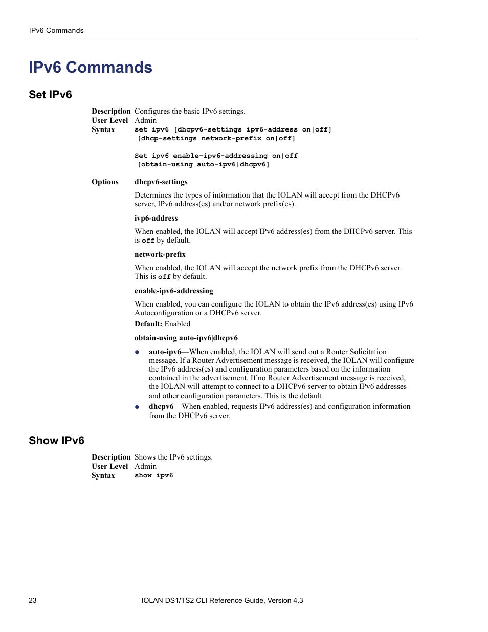 Ipv6 commands, Set ipv6, Show ipv6 | Perle Systems 5500208-43 User Manual | Page 22 / 89