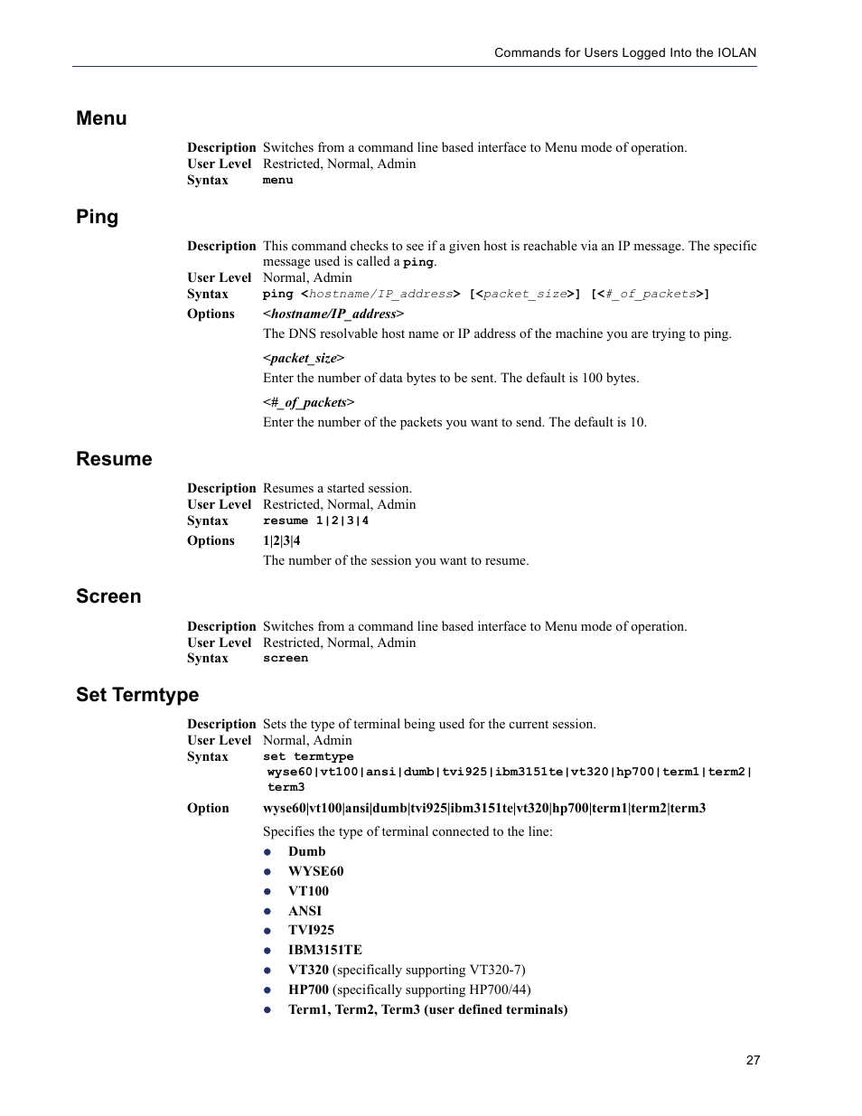 Menu, Ping, Resume | Screen, Set termtype | Perle Systems 5500208-43 User Manual | Page 26 / 89