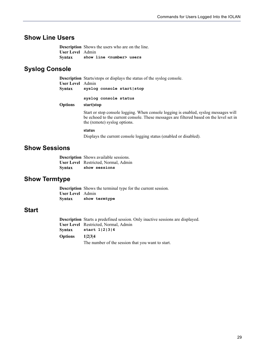 Show line users, Syslog console, Show sessions | Show termtype, Start | Perle Systems 5500208-43 User Manual | Page 28 / 89