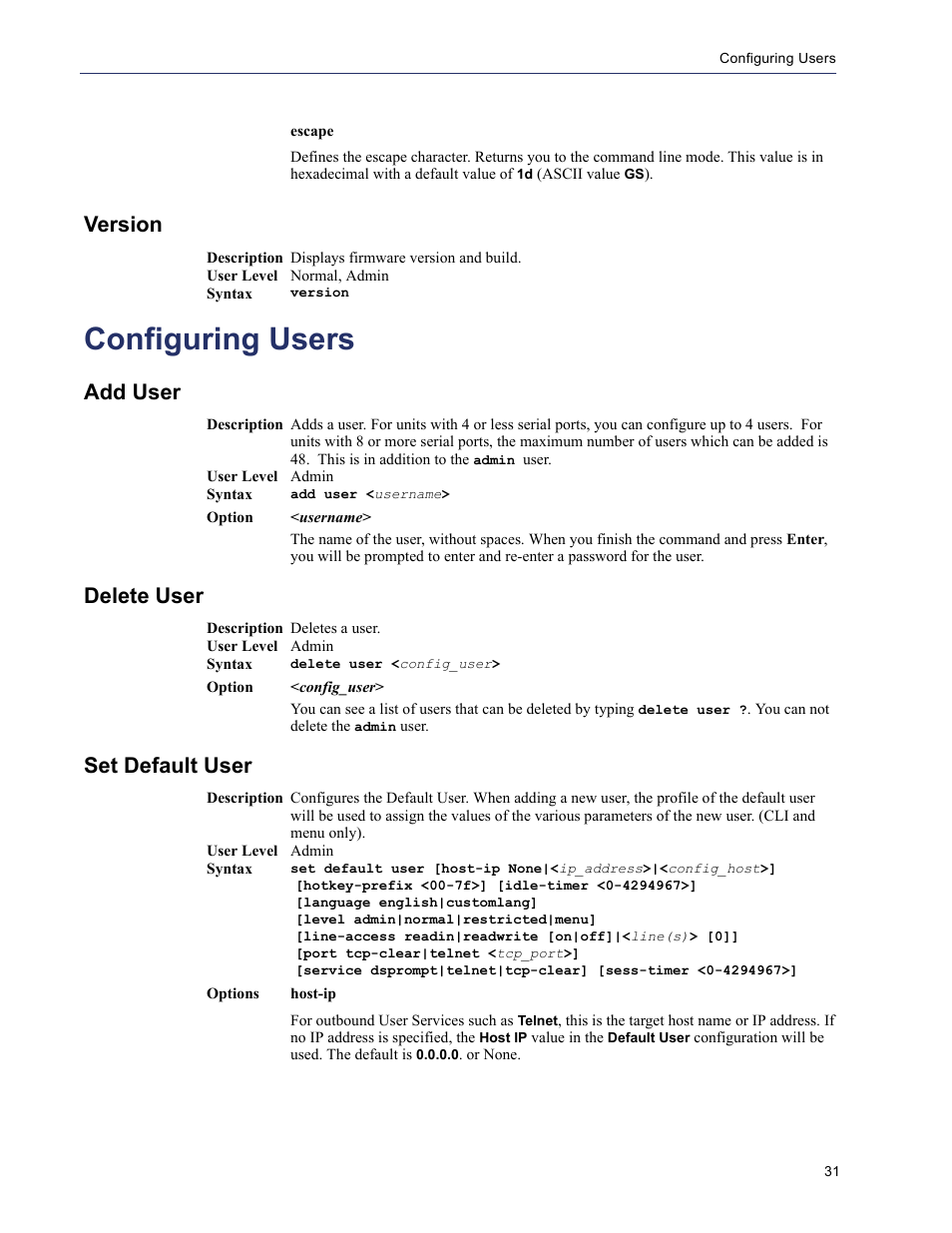 Version, Configuring users, Add user | Delete user, Set default user | Perle Systems 5500208-43 User Manual | Page 30 / 89