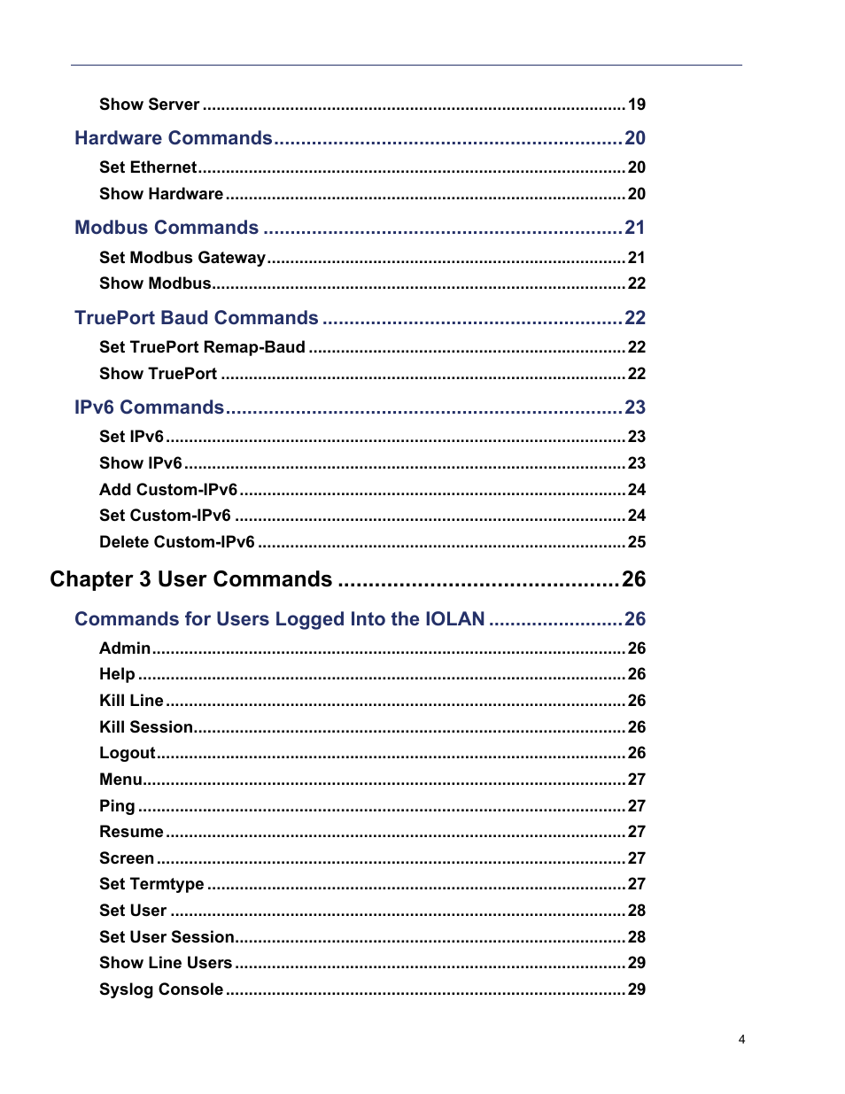 Chapter 3 user commands | Perle Systems 5500208-43 User Manual | Page 4 / 89