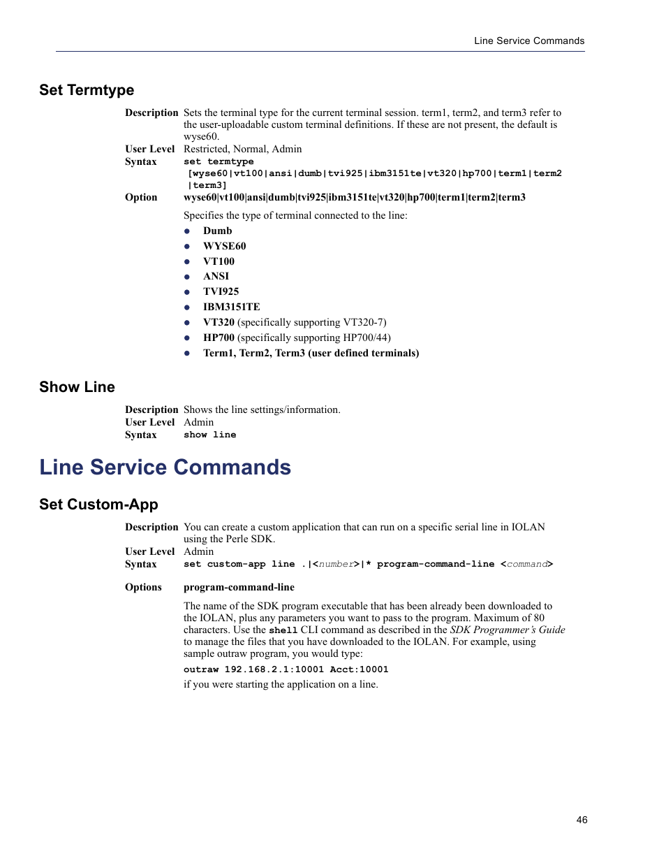 Set termtype, Show line, Line service commands | Set custom-app, Configuration, see, Line | Perle Systems 5500208-43 User Manual | Page 45 / 89