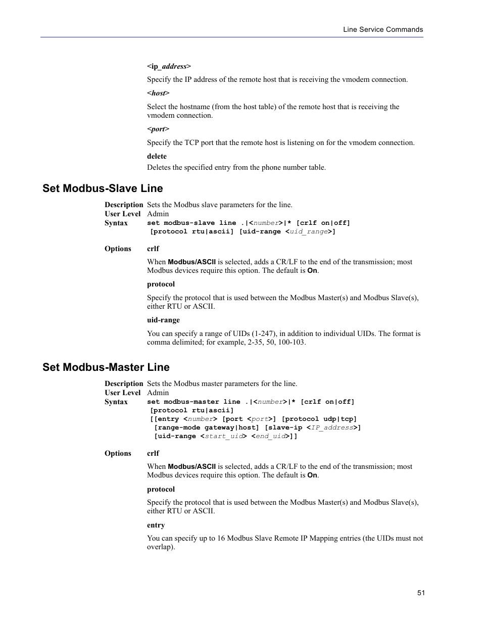 Set modbus-slave line, Set modbus-master line | Perle Systems 5500208-43 User Manual | Page 50 / 89