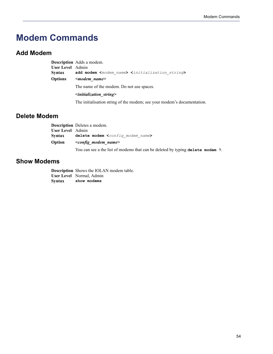 Modem commands, Add modem, Delete modem | Show modems | Perle Systems 5500208-43 User Manual | Page 53 / 89