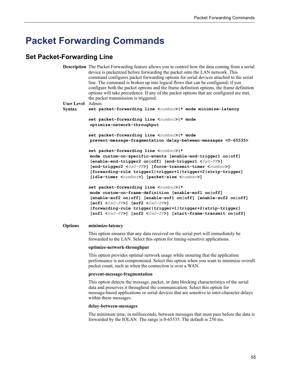 Packet forwarding commands, Set packet-forwarding line | Perle Systems 5500208-43 User Manual | Page 54 / 89