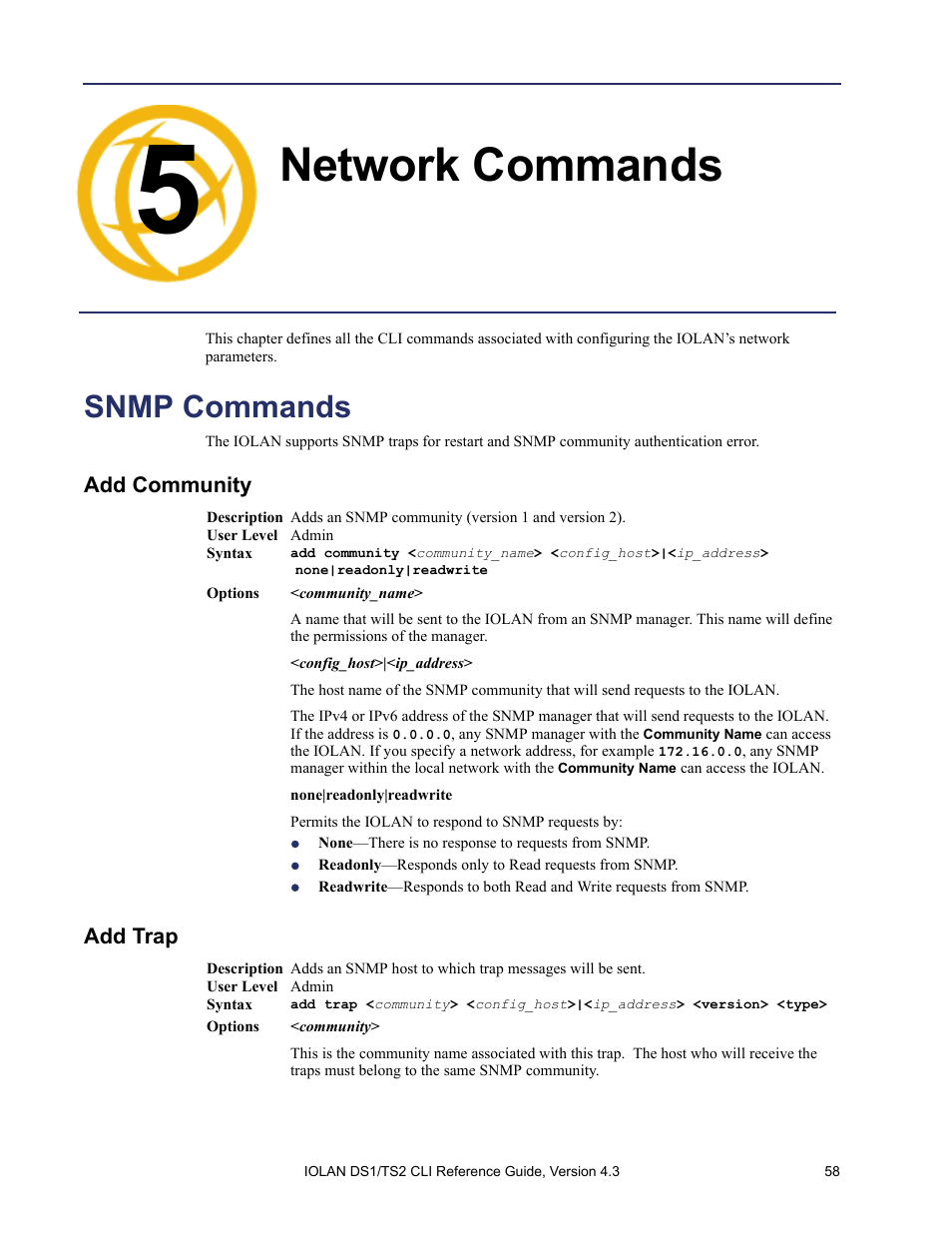 Network commands, Snmp commands, Add community | Add trap, Chapter 5 network commands | Perle Systems 5500208-43 User Manual | Page 57 / 89