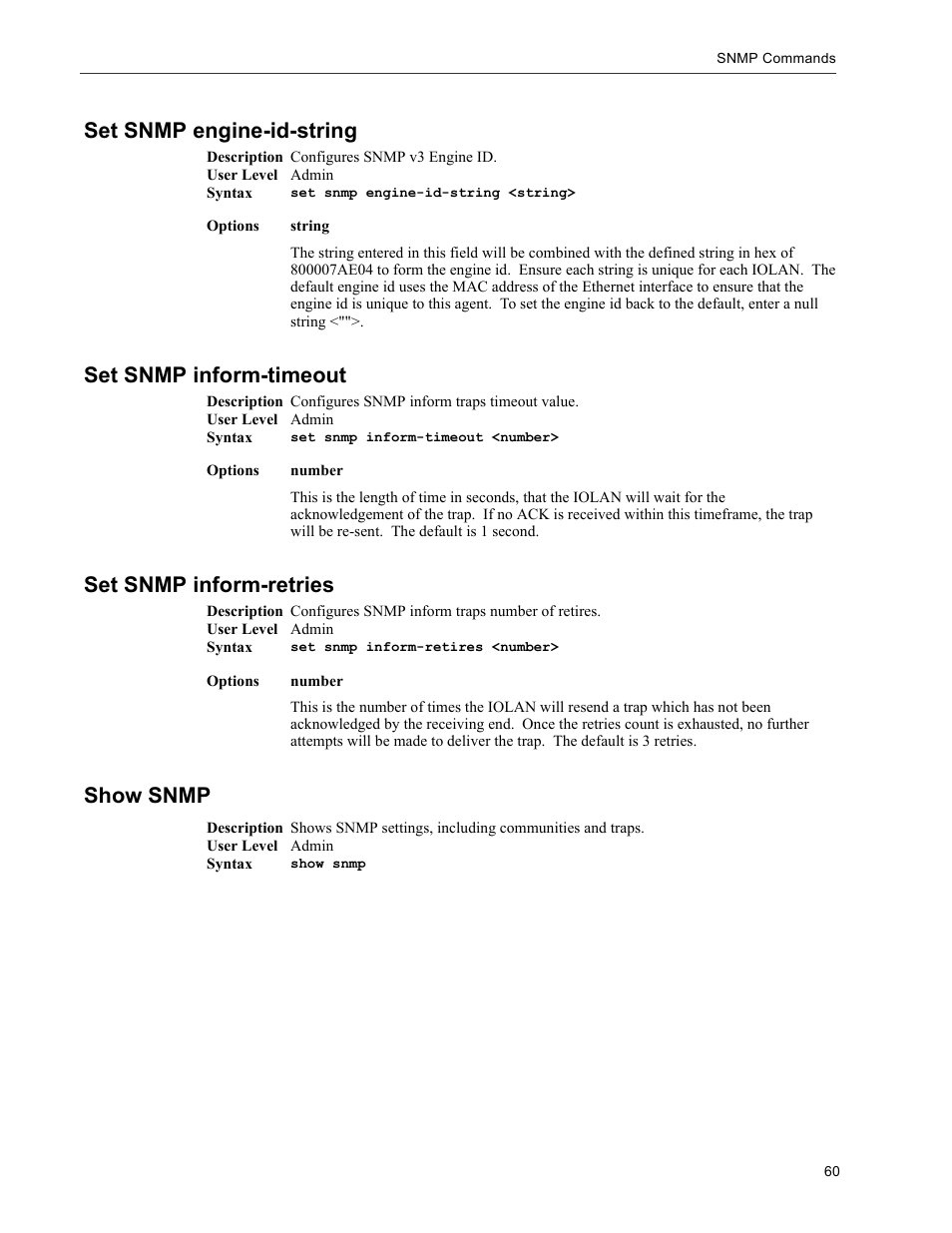 Set snmp engine-id-string, Set snmp inform-timeout, Set snmp inform-retries | Show snmp | Perle Systems 5500208-43 User Manual | Page 59 / 89