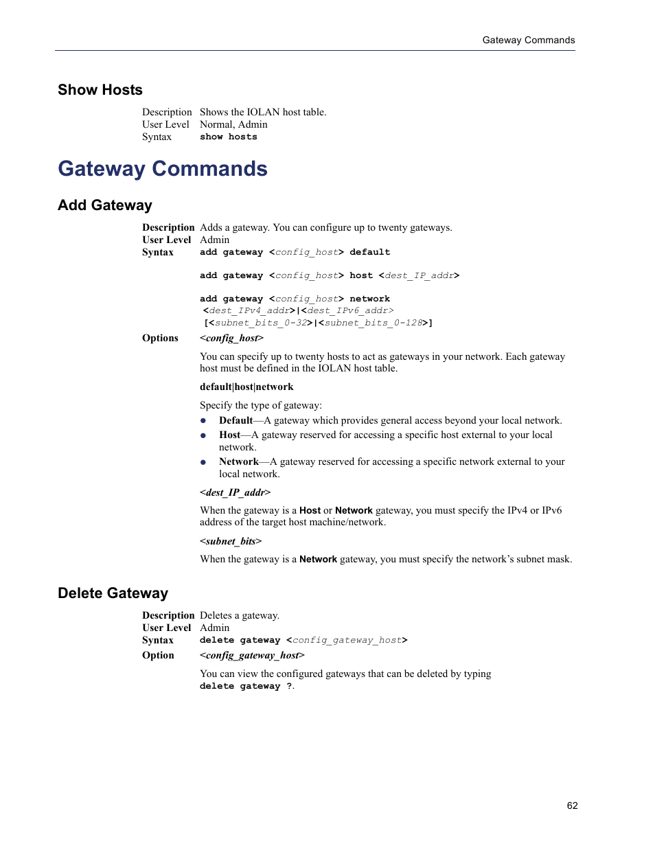 Show hosts, Gateway commands, Add gateway | Delete gateway | Perle Systems 5500208-43 User Manual | Page 61 / 89