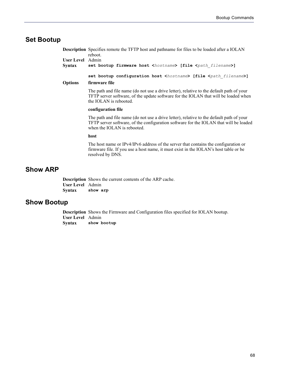 Set bootup, Show arp, Show bootup | Perle Systems 5500208-43 User Manual | Page 67 / 89