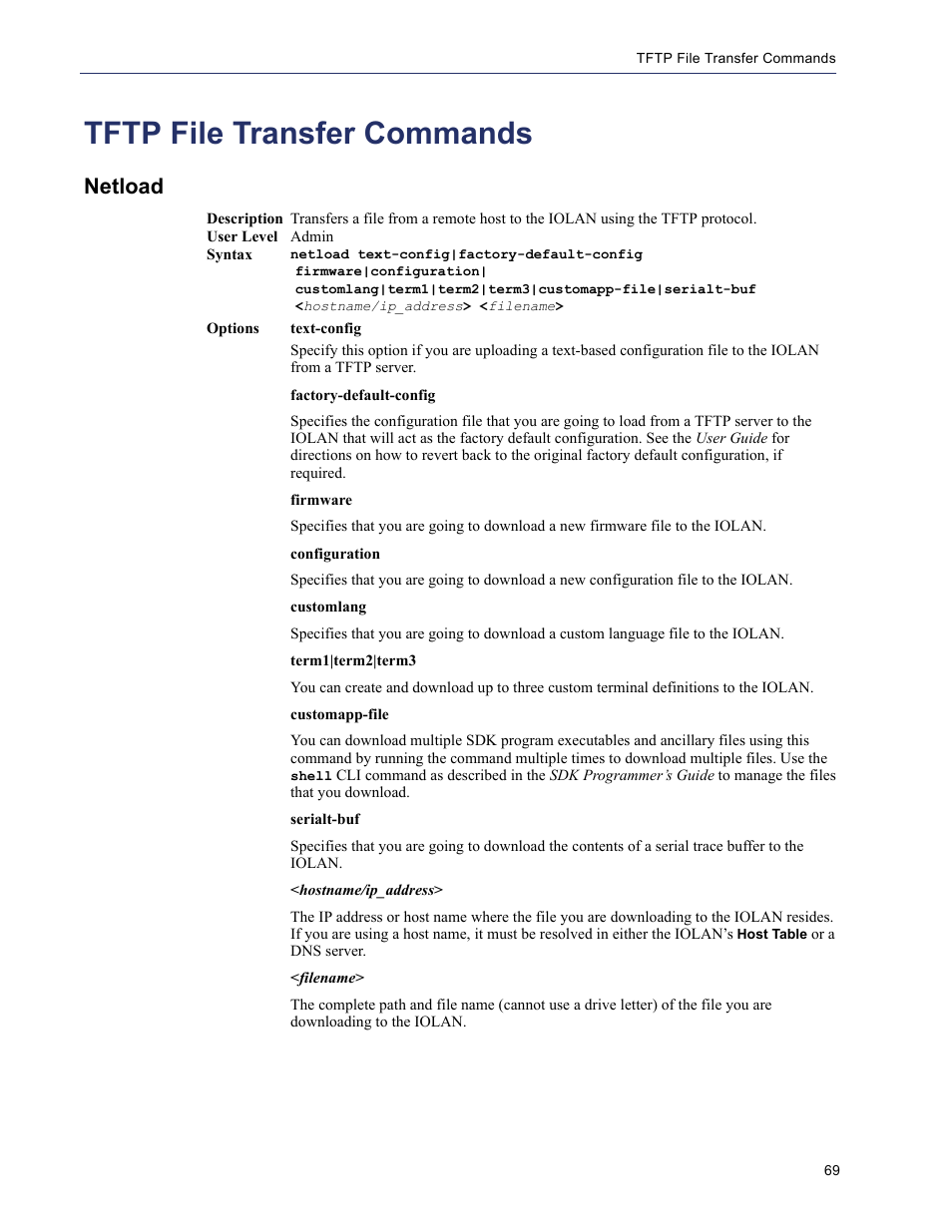 Tftp file transfer commands, Netload | Perle Systems 5500208-43 User Manual | Page 68 / 89