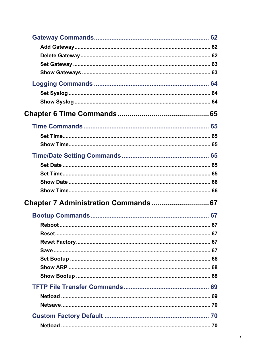 Chapter 6 time commands, Chapter 7 administration commands | Perle Systems 5500208-43 User Manual | Page 7 / 89