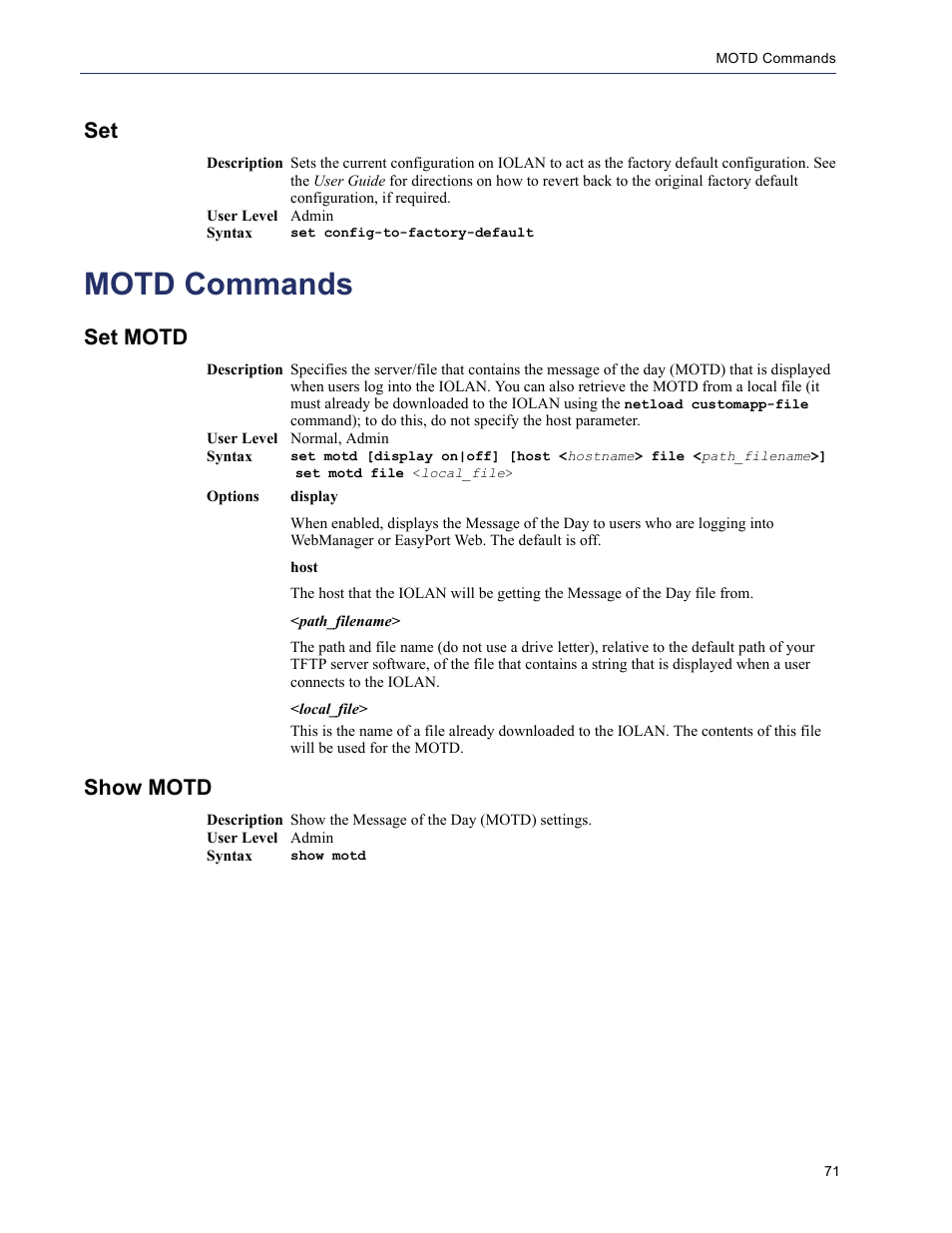 Motd commands, Set motd, Show motd | Perle Systems 5500208-43 User Manual | Page 70 / 89