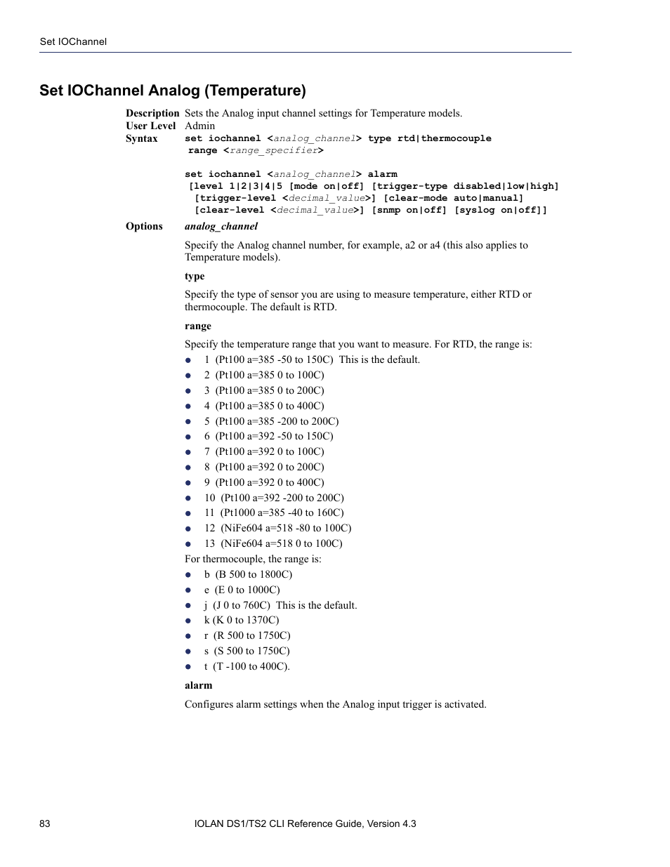 Set iochannel analog (temperature) | Perle Systems 5500208-43 User Manual | Page 82 / 89