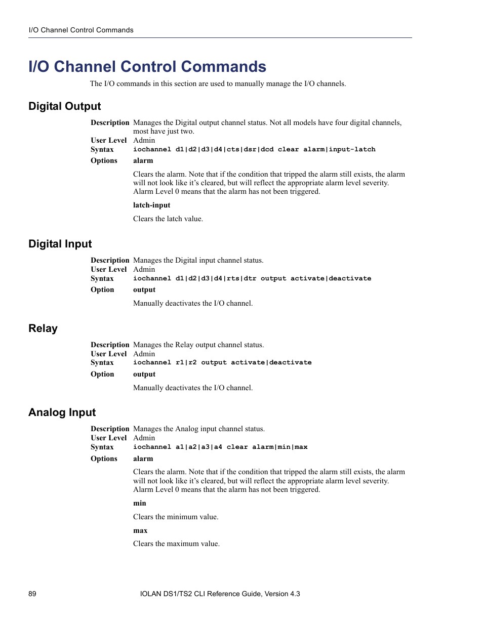 I/o channel control commands, Digital output, Digital input | Relay, Analog input | Perle Systems 5500208-43 User Manual | Page 88 / 89
