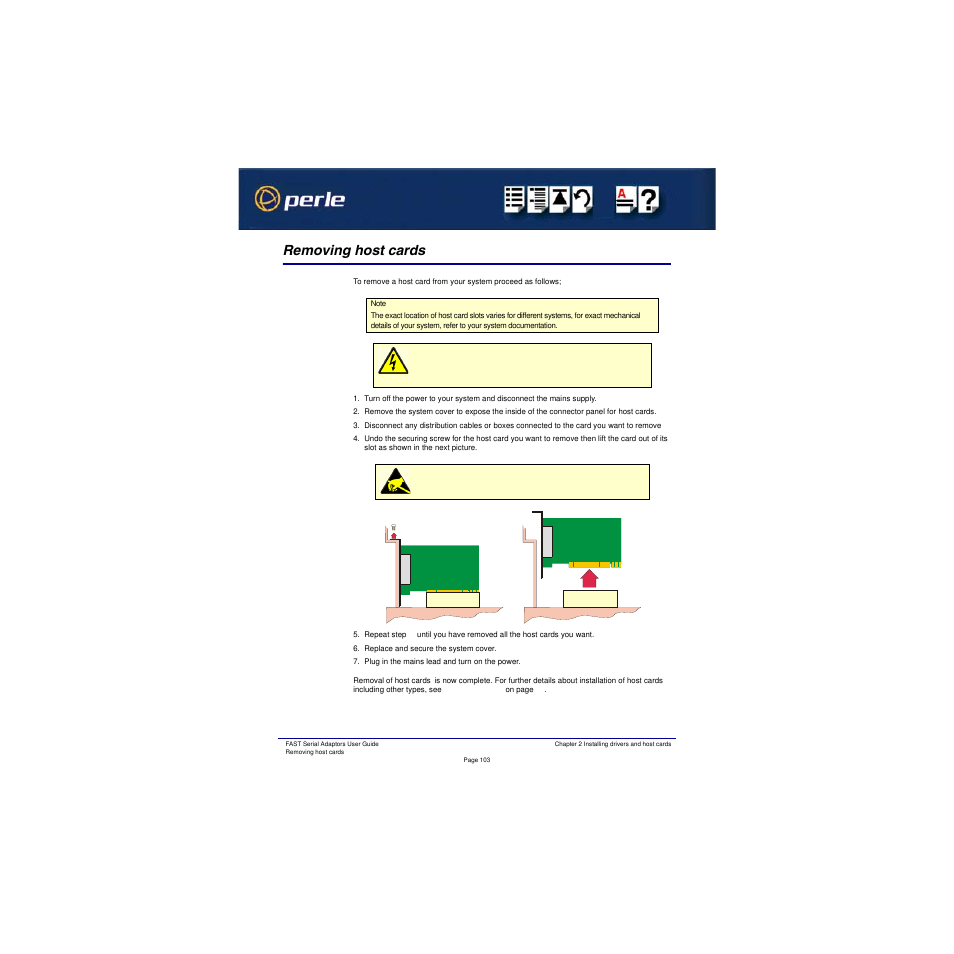 Removing host cards, Removing host, Cards | Perle Systems Adaptors User Manual | Page 103 / 129