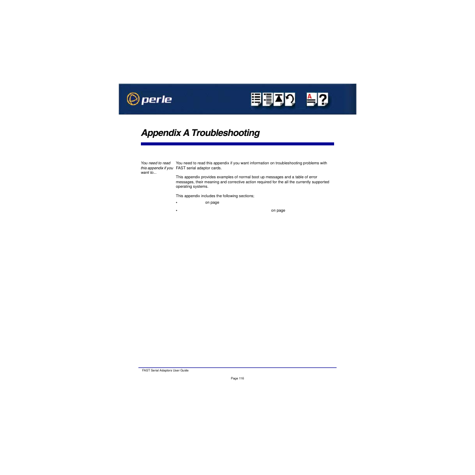 Appendix a troubleshooting, Ppendix, Roubleshooting | Perle Systems Adaptors User Manual | Page 116 / 129