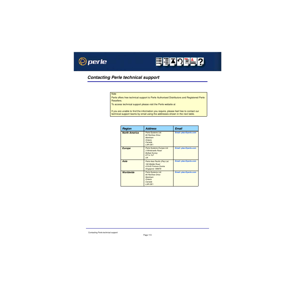 Contacting perle technical support, Contacting perle technical, Support | Perle Systems Adaptors User Manual | Page 126 / 129
