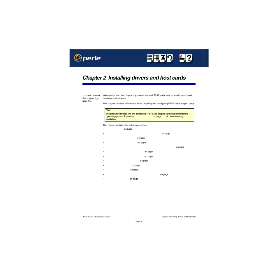 Chapter 2 installing drivers and host cards, Hapter, Nstalling | Drivers, Host, Cards, Chapter 2 installing, Drivers and host cards | Perle Systems Adaptors User Manual | Page 16 / 129