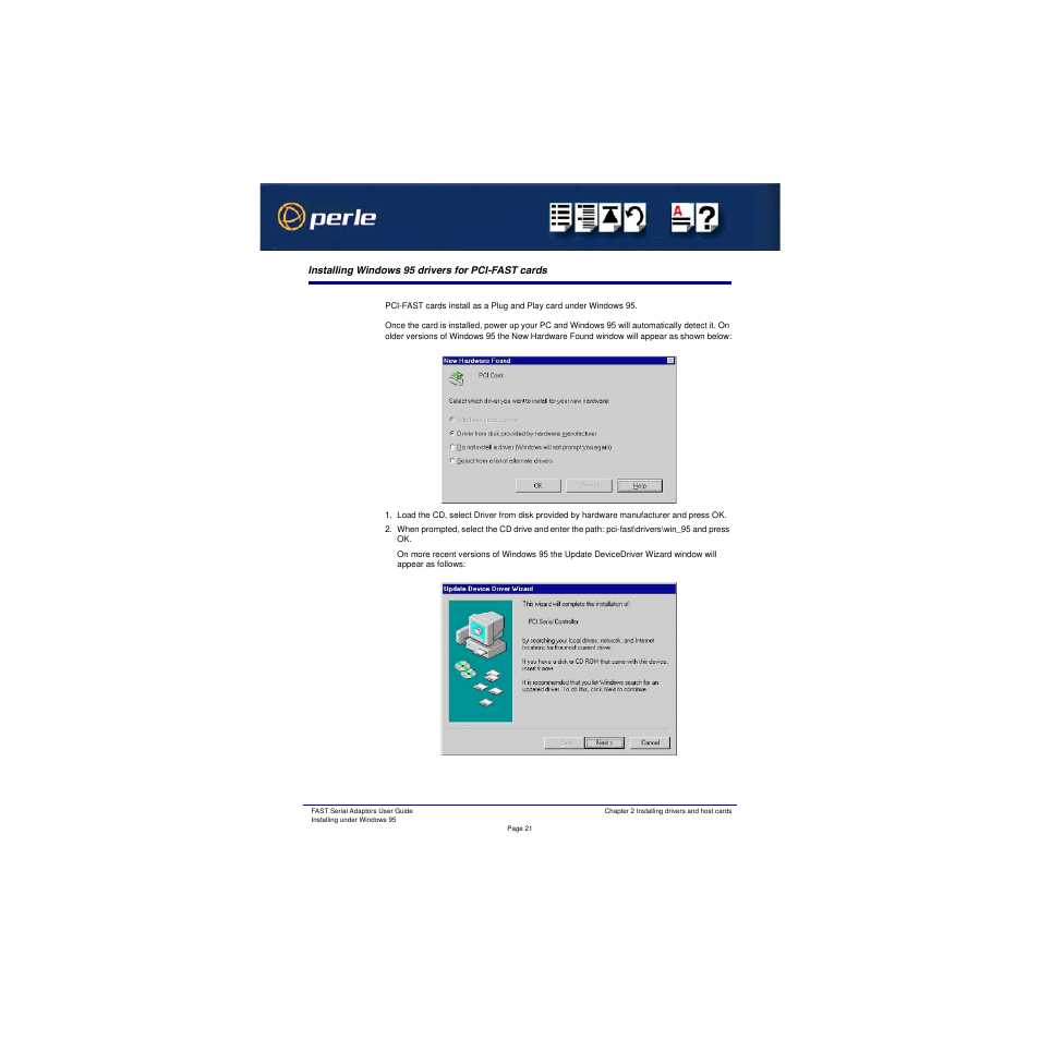 Installing windows 95 drivers for pci-fast cards | Perle Systems Adaptors User Manual | Page 21 / 129