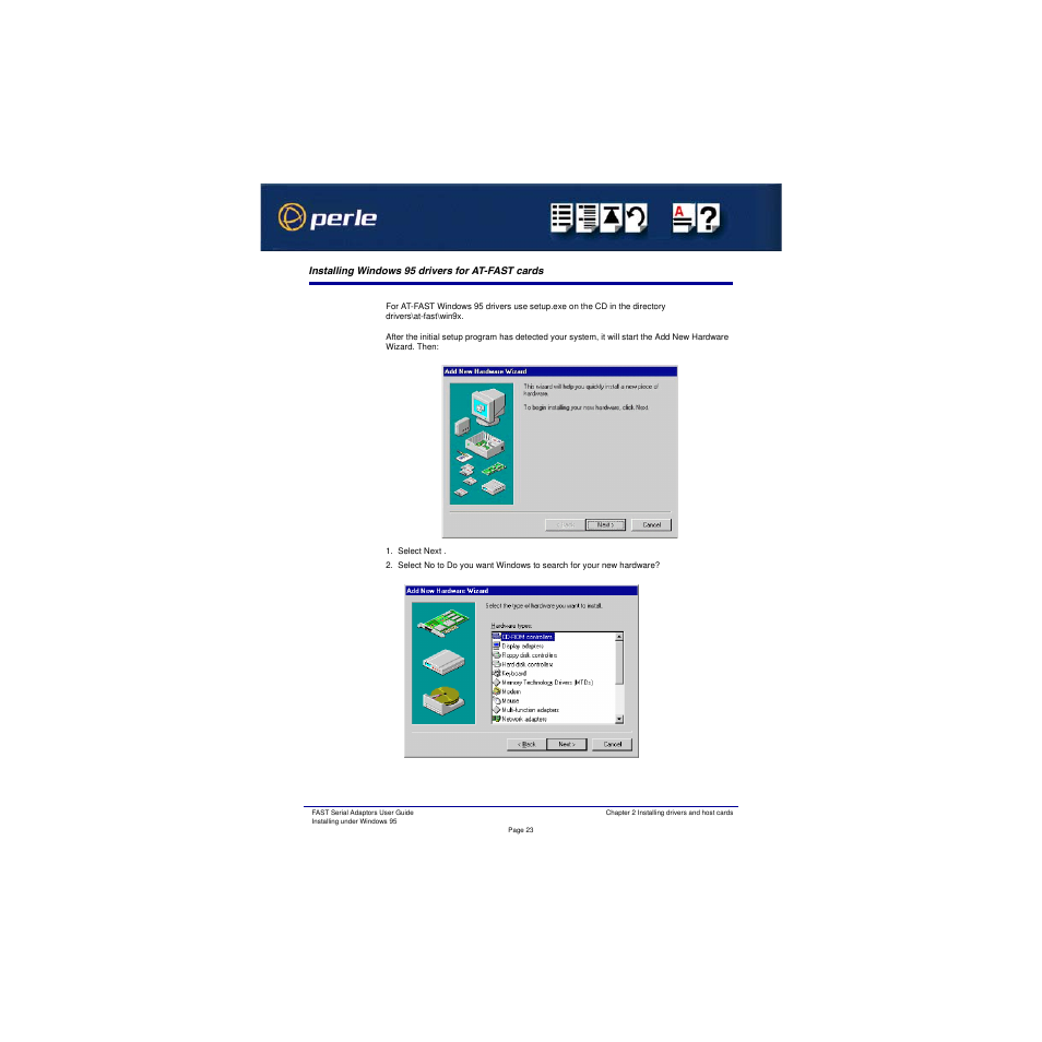 Installing windows 95 drivers for at-fast cards | Perle Systems Adaptors User Manual | Page 23 / 129