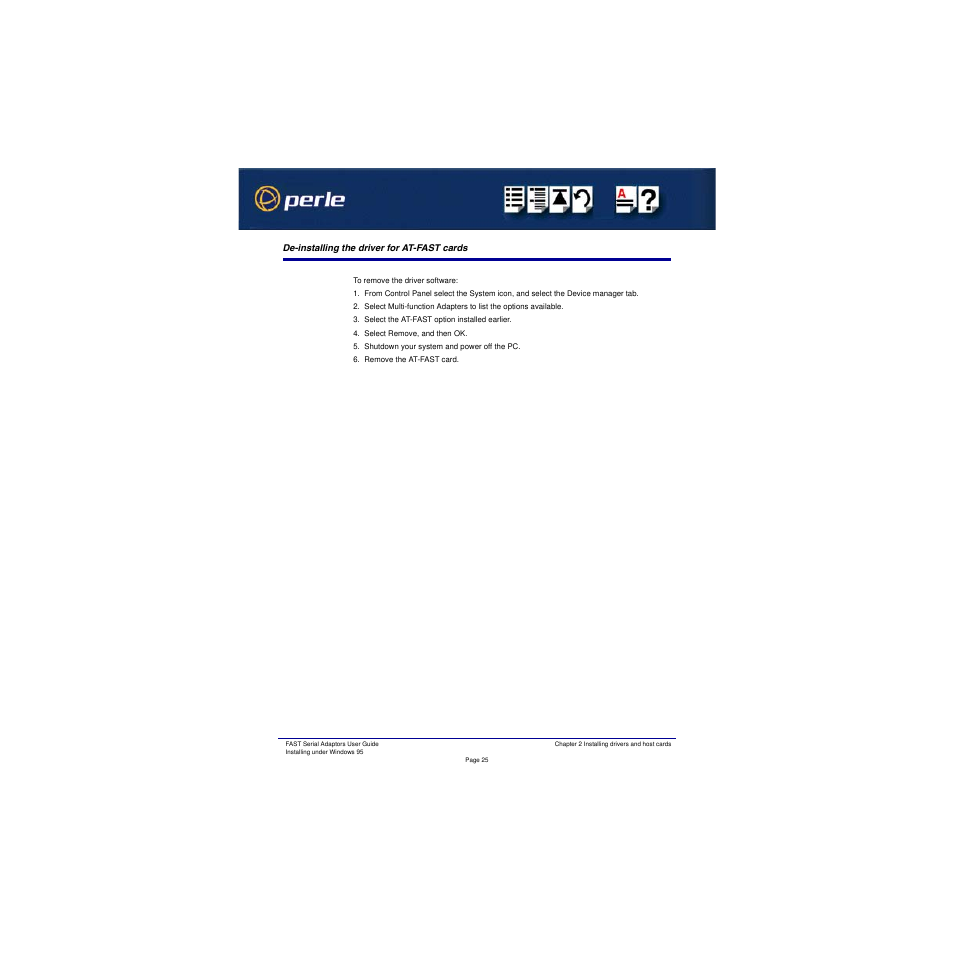 De-installing the driver for at-fast cards | Perle Systems Adaptors User Manual | Page 25 / 129