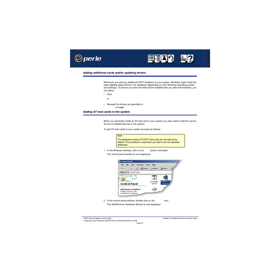 Adding additional cards and/or updating drivers, Adding at host cards to the system | Perle Systems Adaptors User Manual | Page 31 / 129