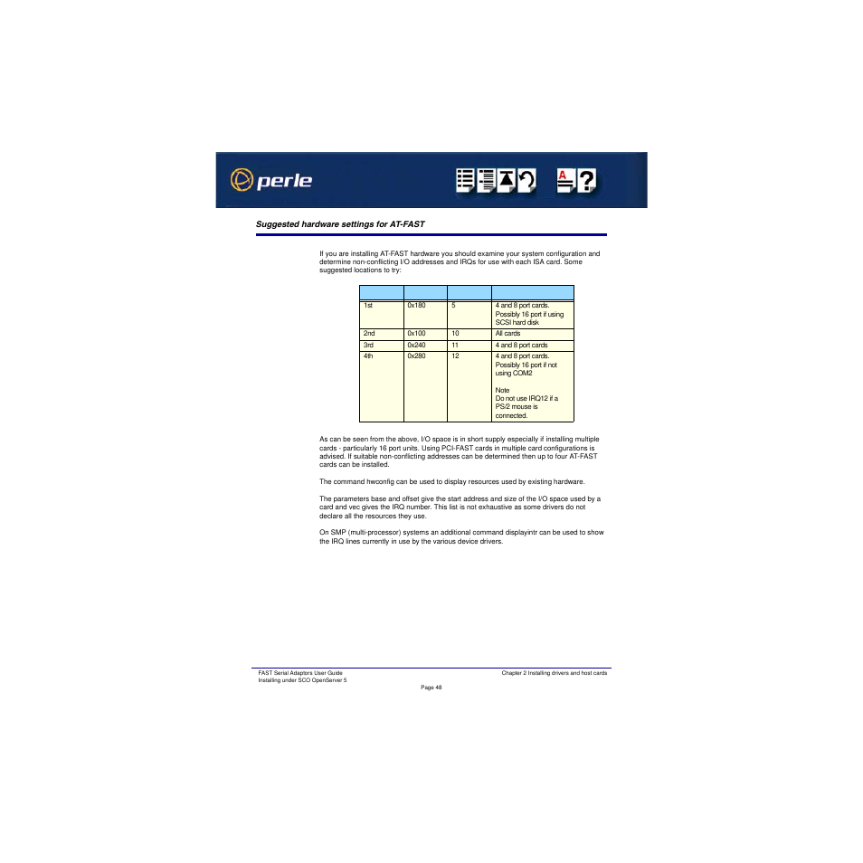 Suggested hardware settings for at-fast | Perle Systems Adaptors User Manual | Page 48 / 129