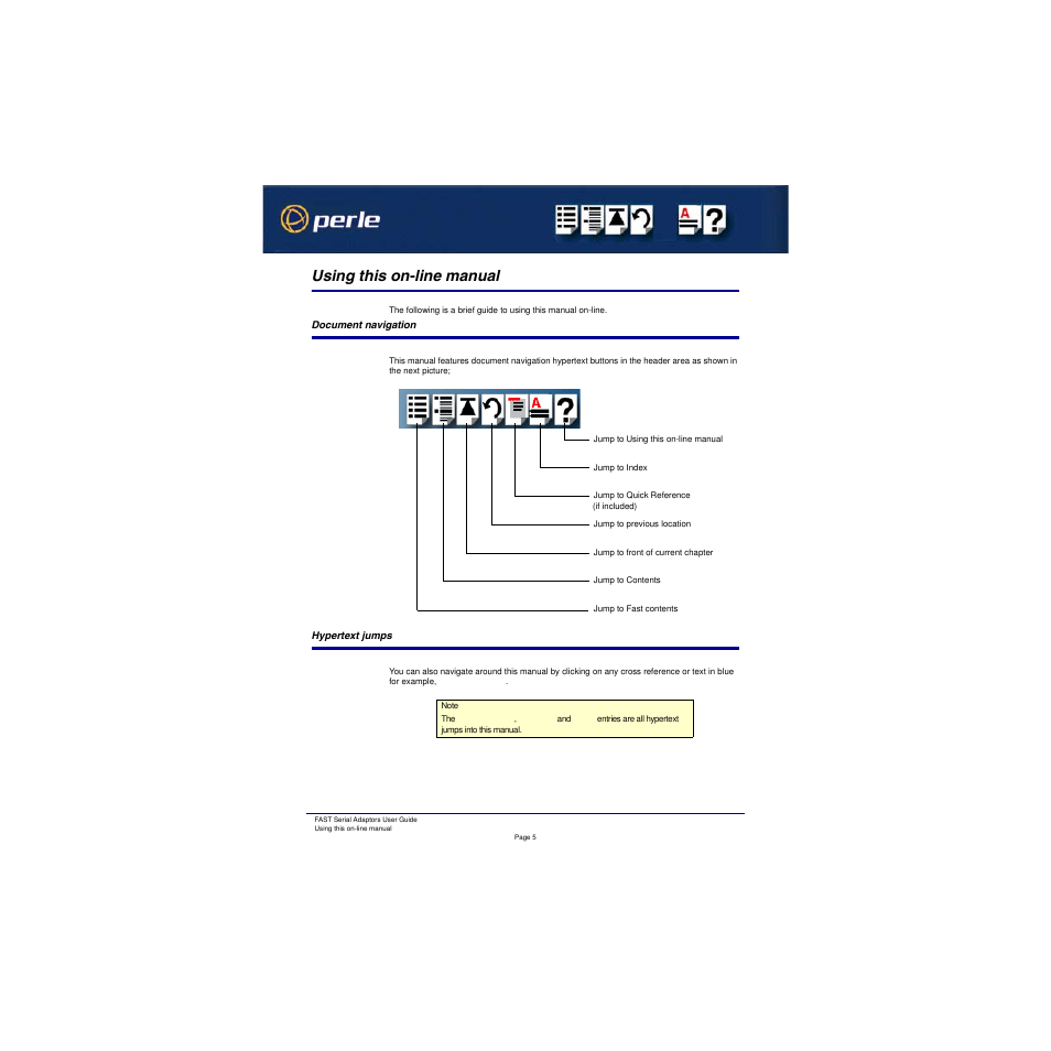 Using this on-line manual, Document navigation, Hypertext jumps | Perle Systems Adaptors User Manual | Page 5 / 129