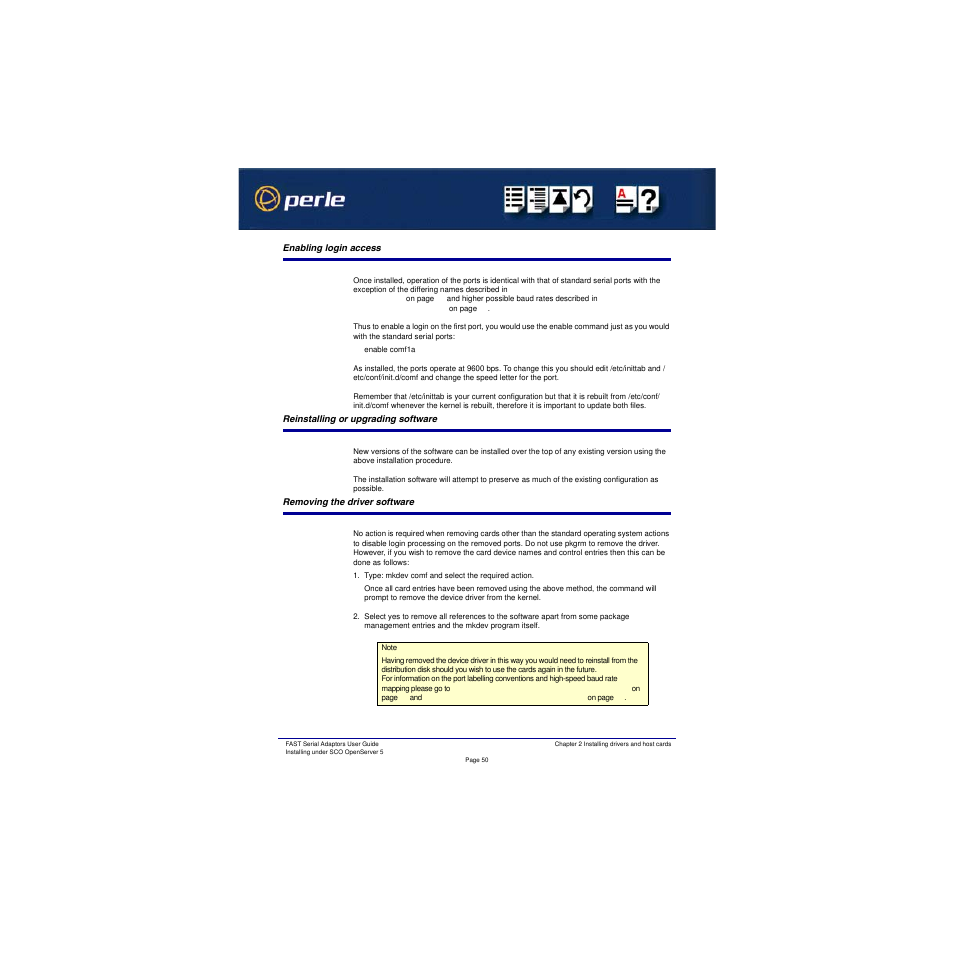 Enabling login access, Reinstalling or upgrading software, Removing the driver software | Enabling login, Access, Reinstalling or, Upgrading software | Perle Systems Adaptors User Manual | Page 50 / 129