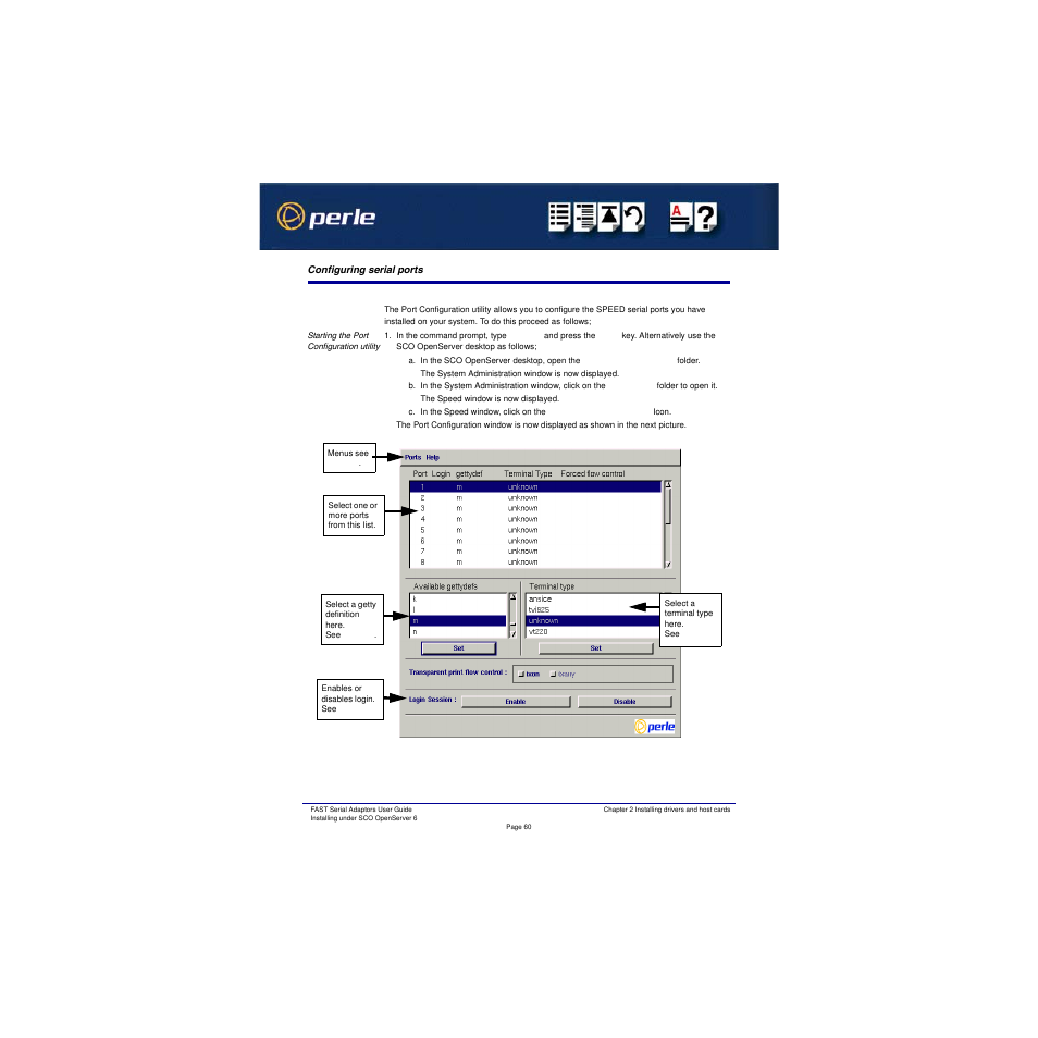 Configuring serial ports | Perle Systems Adaptors User Manual | Page 60 / 129