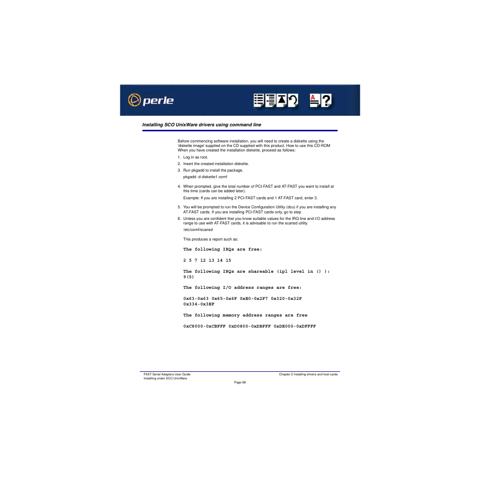 Installing sco unixware drivers using command line, Installing sco, Unixware drivers using command line | Perle Systems Adaptors User Manual | Page 68 / 129
