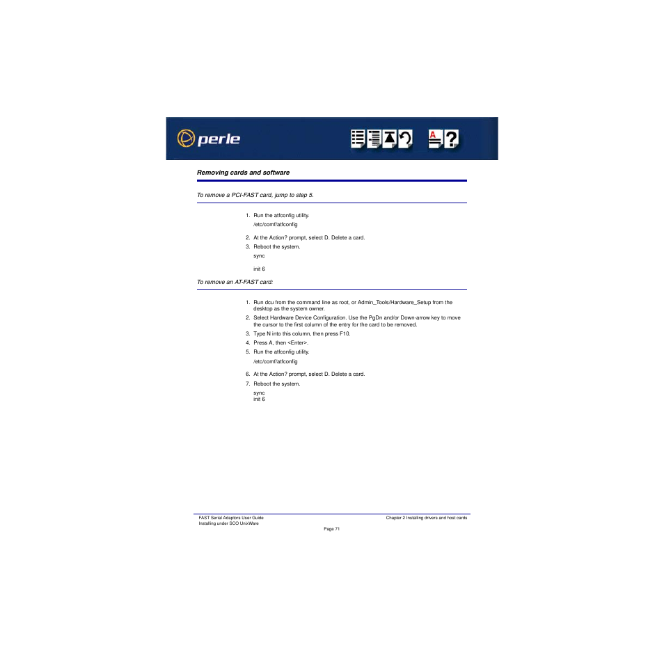 Removing cards and software, To remove a pci-fast card, jump to step 5, To remove an at-fast card | Perle Systems Adaptors User Manual | Page 71 / 129