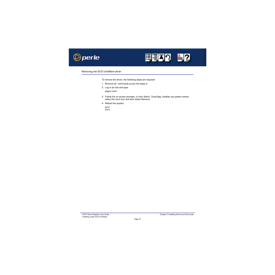 Removing the sco unixware driver | Perle Systems Adaptors User Manual | Page 72 / 129