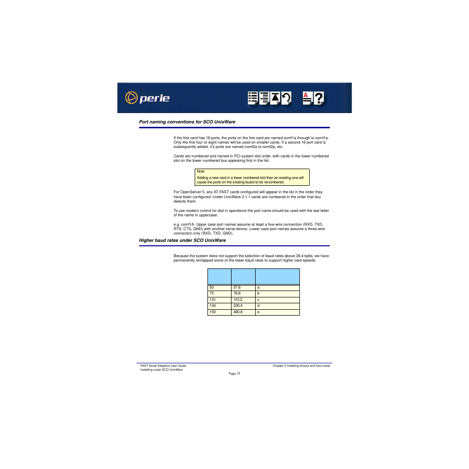 Port naming conventions for sco unixware, Higher baud rates under sco unixware | Perle Systems Adaptors User Manual | Page 73 / 129