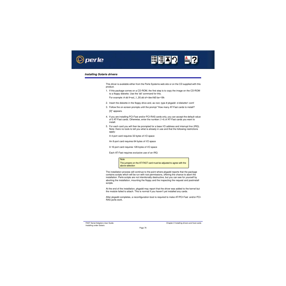 Installing solaris drivers, Installing, Solaris drivers | Perle Systems Adaptors User Manual | Page 76 / 129